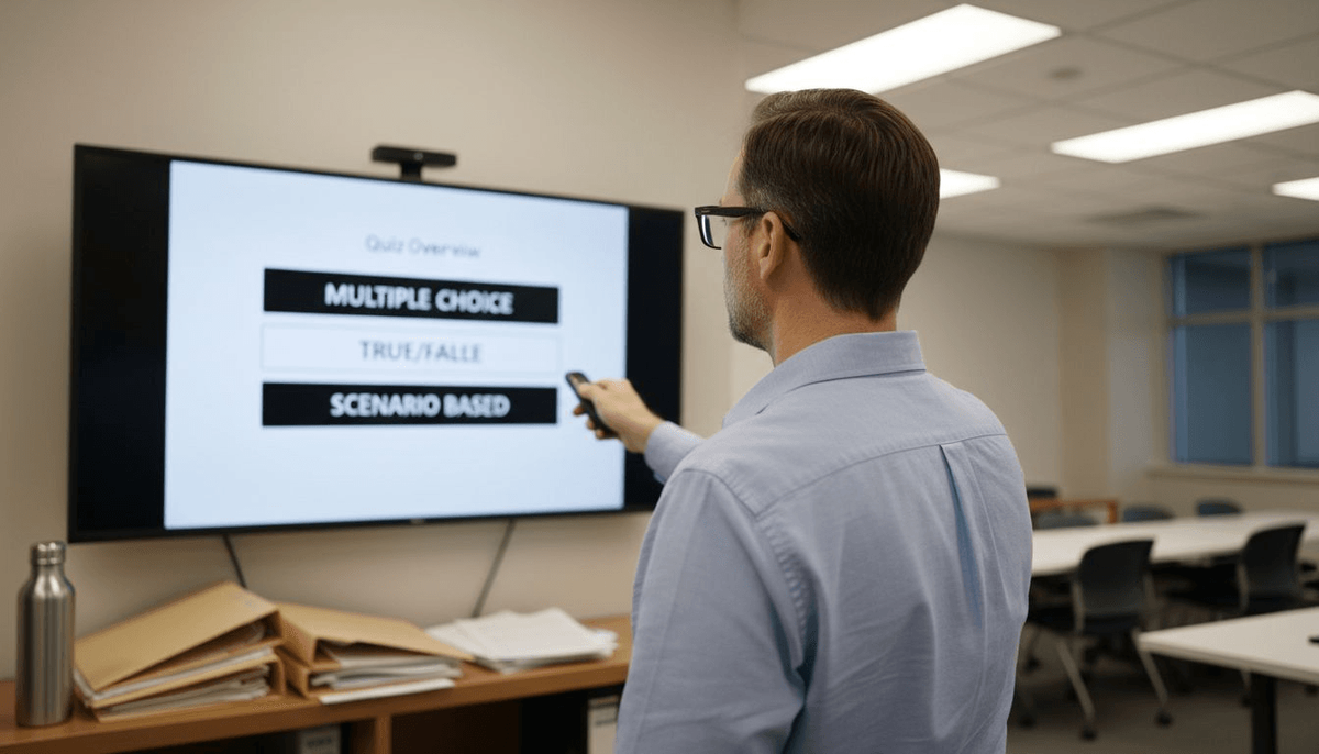 HR manager shows quiz formats on screen