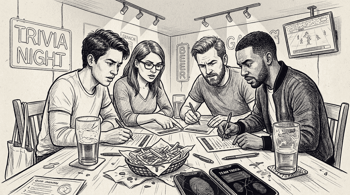 Friends form quiz team at bar table