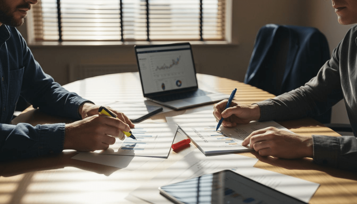 Coworkers review performance charts together