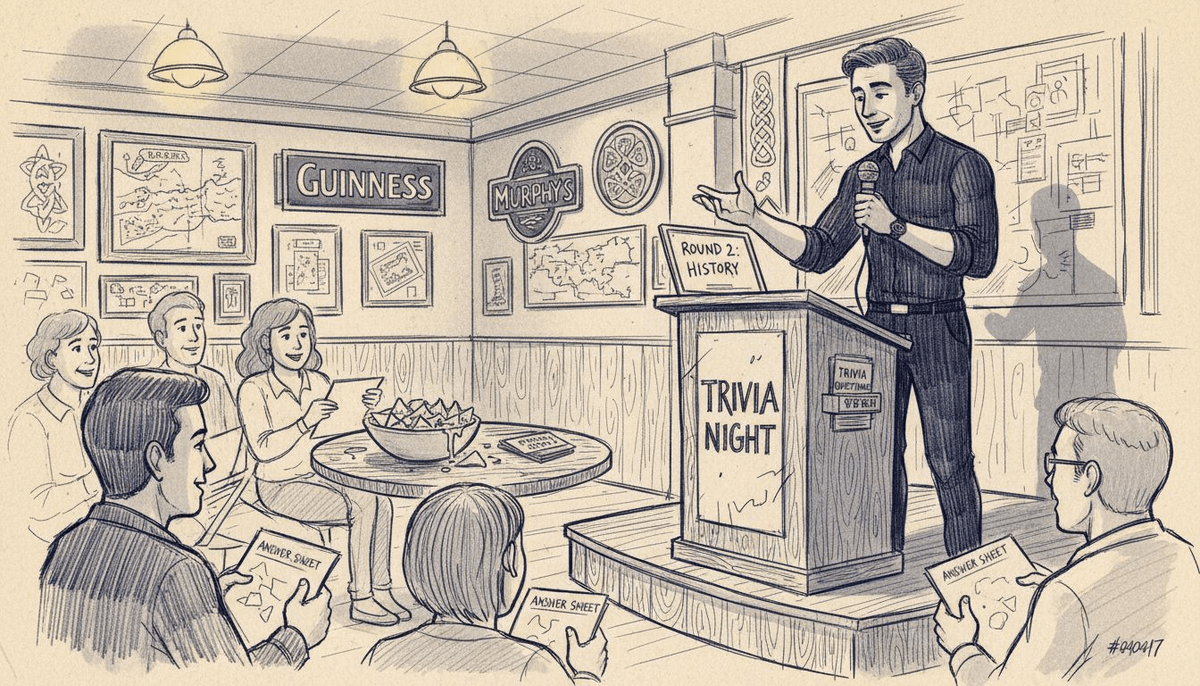 Trivia host reading questions on stage